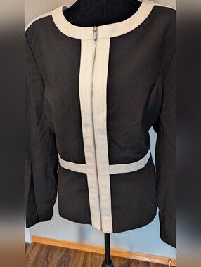 Calvin Klein Black Jacket with White Trim Zip Front Blazer
